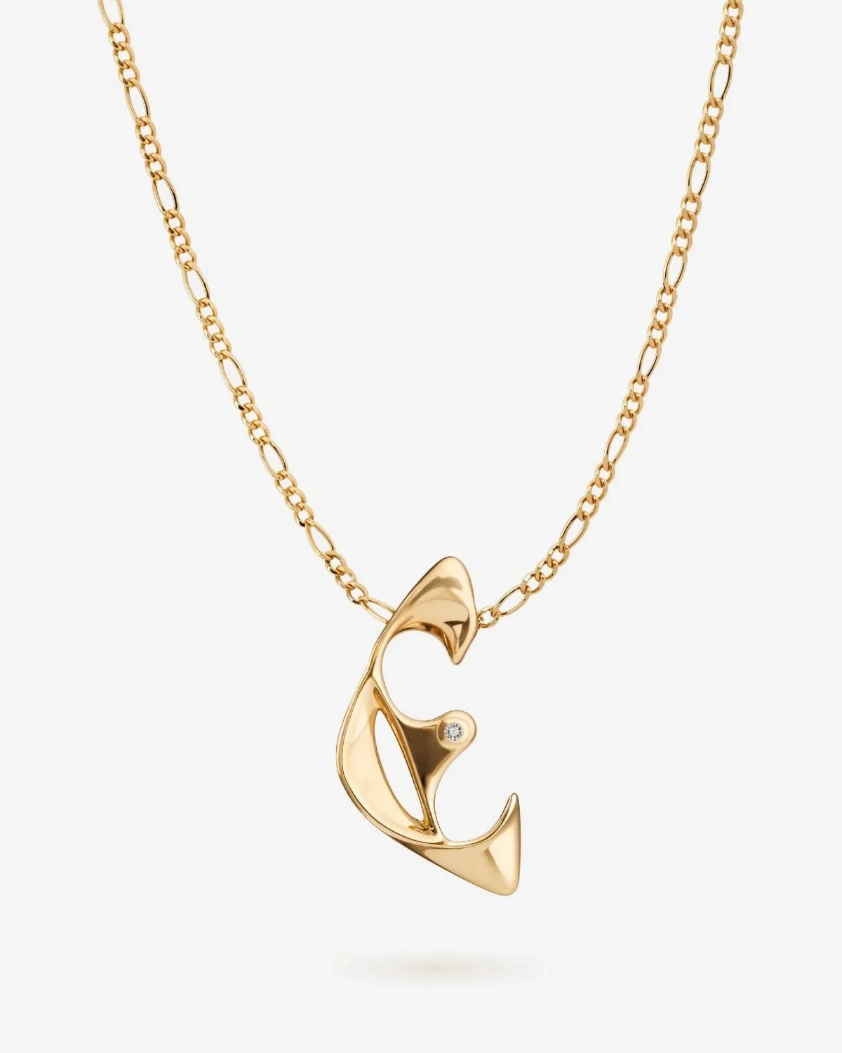 Gold-tone E ई Initial Necklace with a polished sculpted letter pendant and small round clear stone detail on a fine chain.