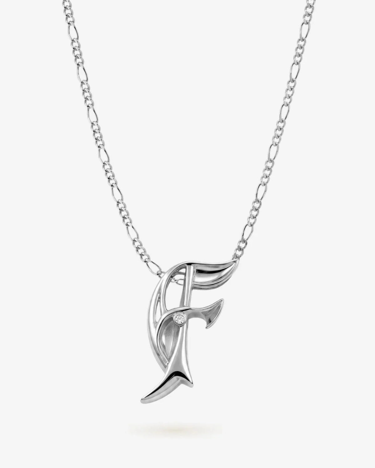 F एफ Initial Necklace in polished silver-tone metal, featuring a flowing stylized F pendant on a fine chain.