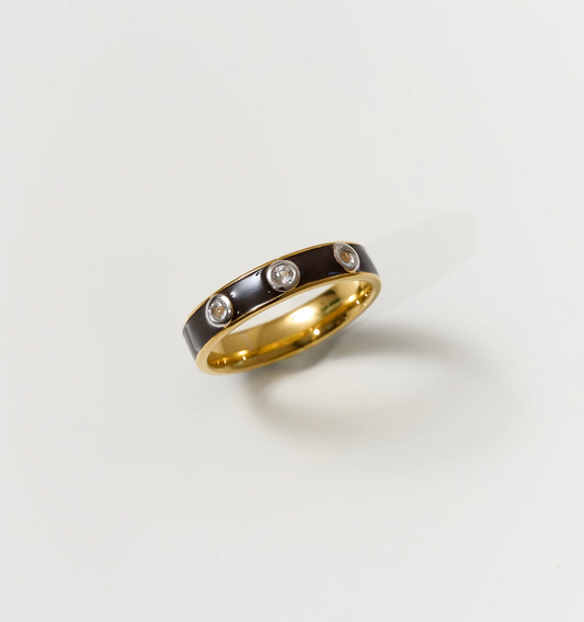 Trikaala Ring gold band with black enamel and white stones detailing