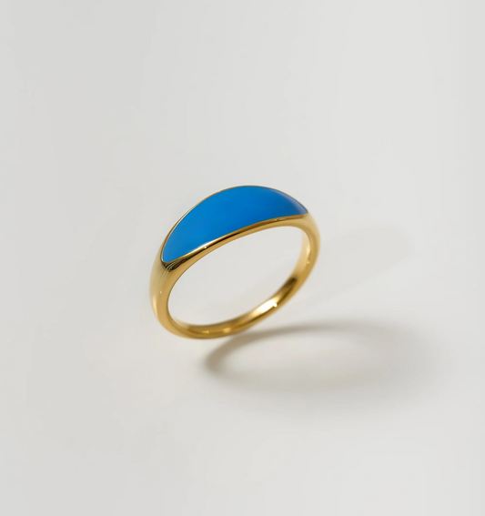Neelra Ring gold band with blue enamel in curved water-inspired design