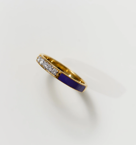 Pancha Ring gold band with purple arc and diamond accents balancing inner and outer light