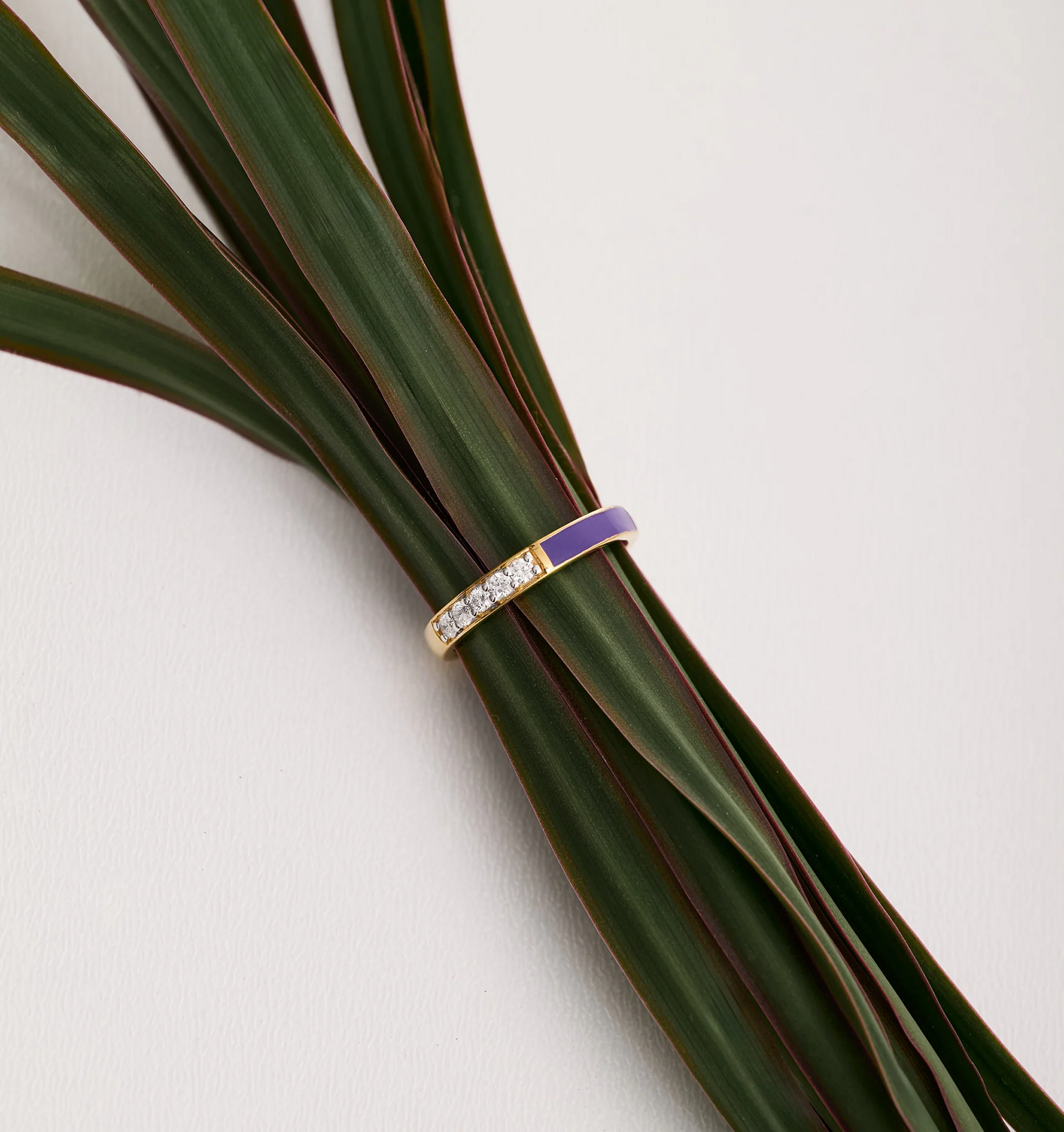 Pancha Ring gold band with purple arc and diamonds on green leaves background