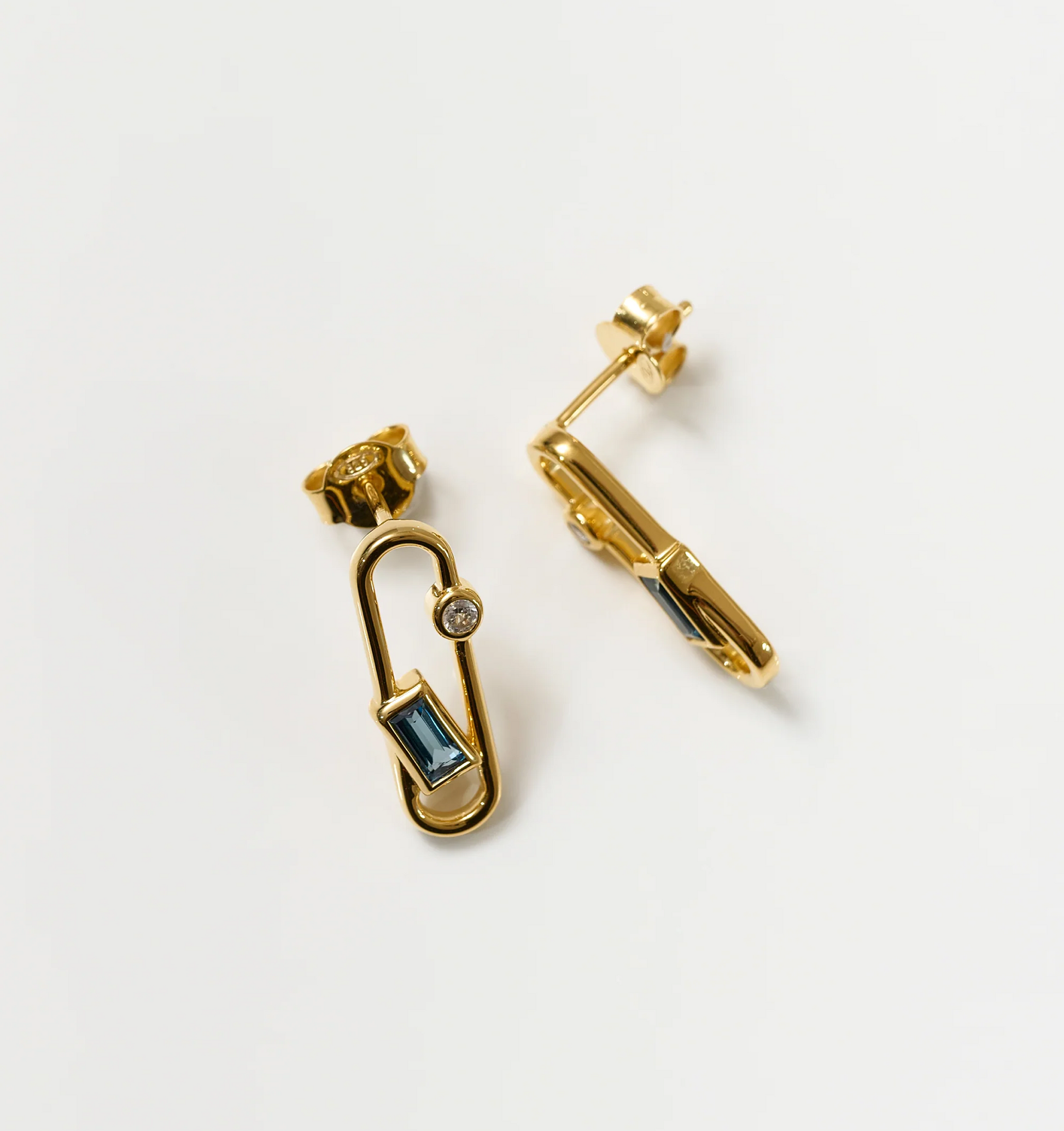 Aarka Earrings gold studs with London Blue Topaz and White Zircon gemstones on white background