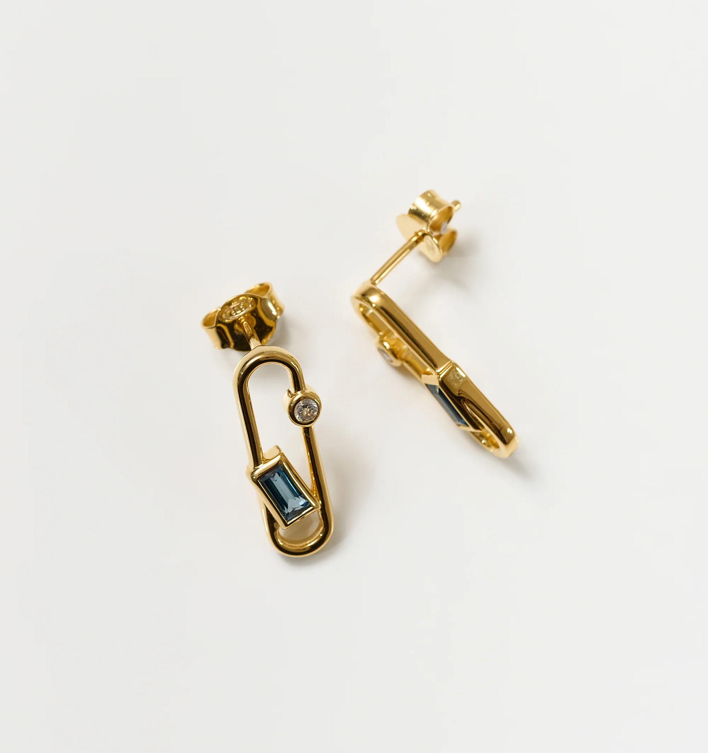 Aarka Earrings gold studs with London Blue Topaz and White Zircon gemstones on white background