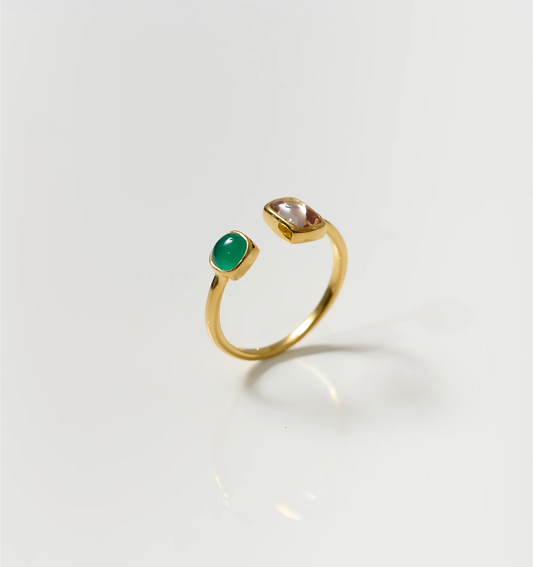 Tulaa Ring with green onyx and morganite gemstones set in gold band