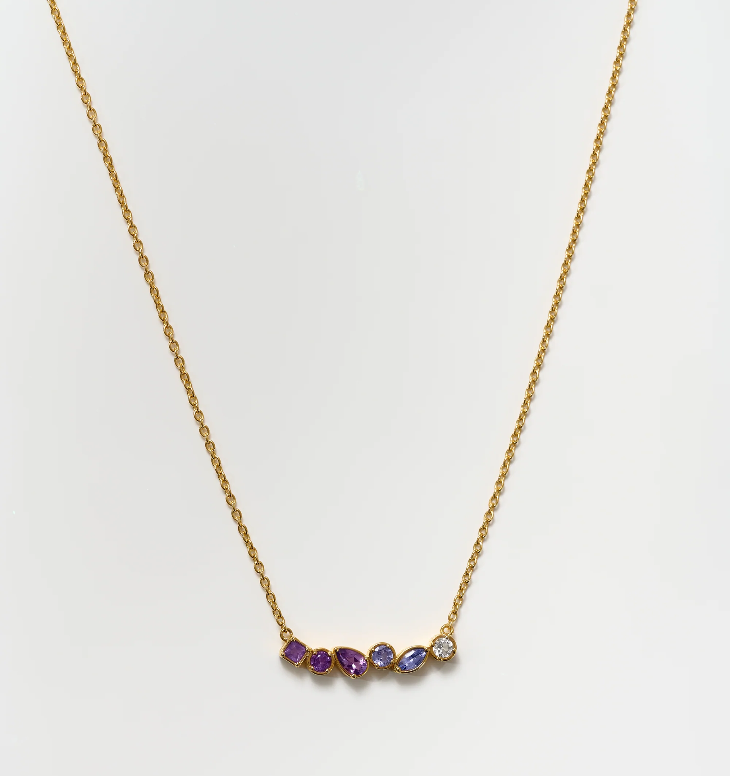 Raag Necklace gold chain with amethyst, tanzanite, and topaz gemstones pendant