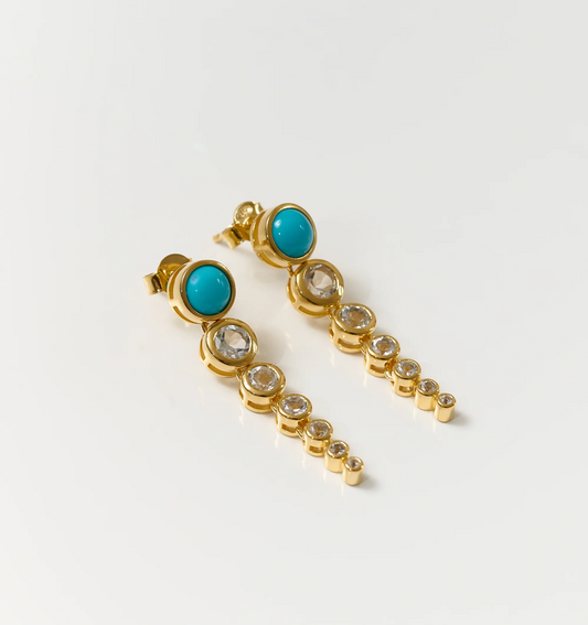 Samaara Earrings with turquoise and white topaz in gold setting, elegant drop design