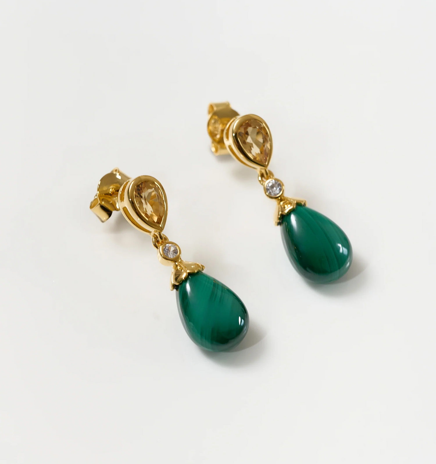 Triya Earrings with citrine, white topaz, and malachite gemstones in gold setting
