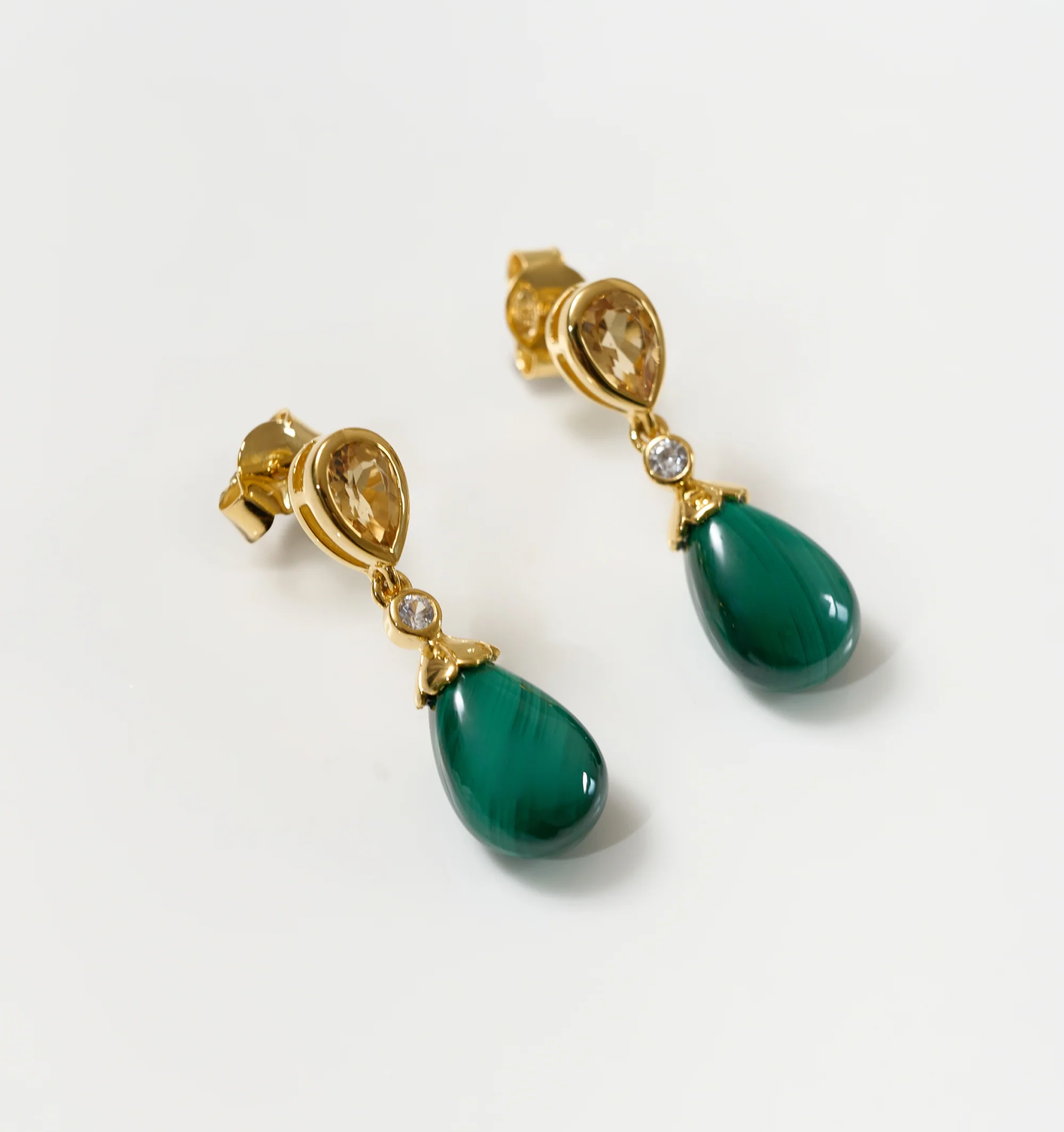 Triya Earrings with citrine, white topaz, and malachite gemstones in gold setting
