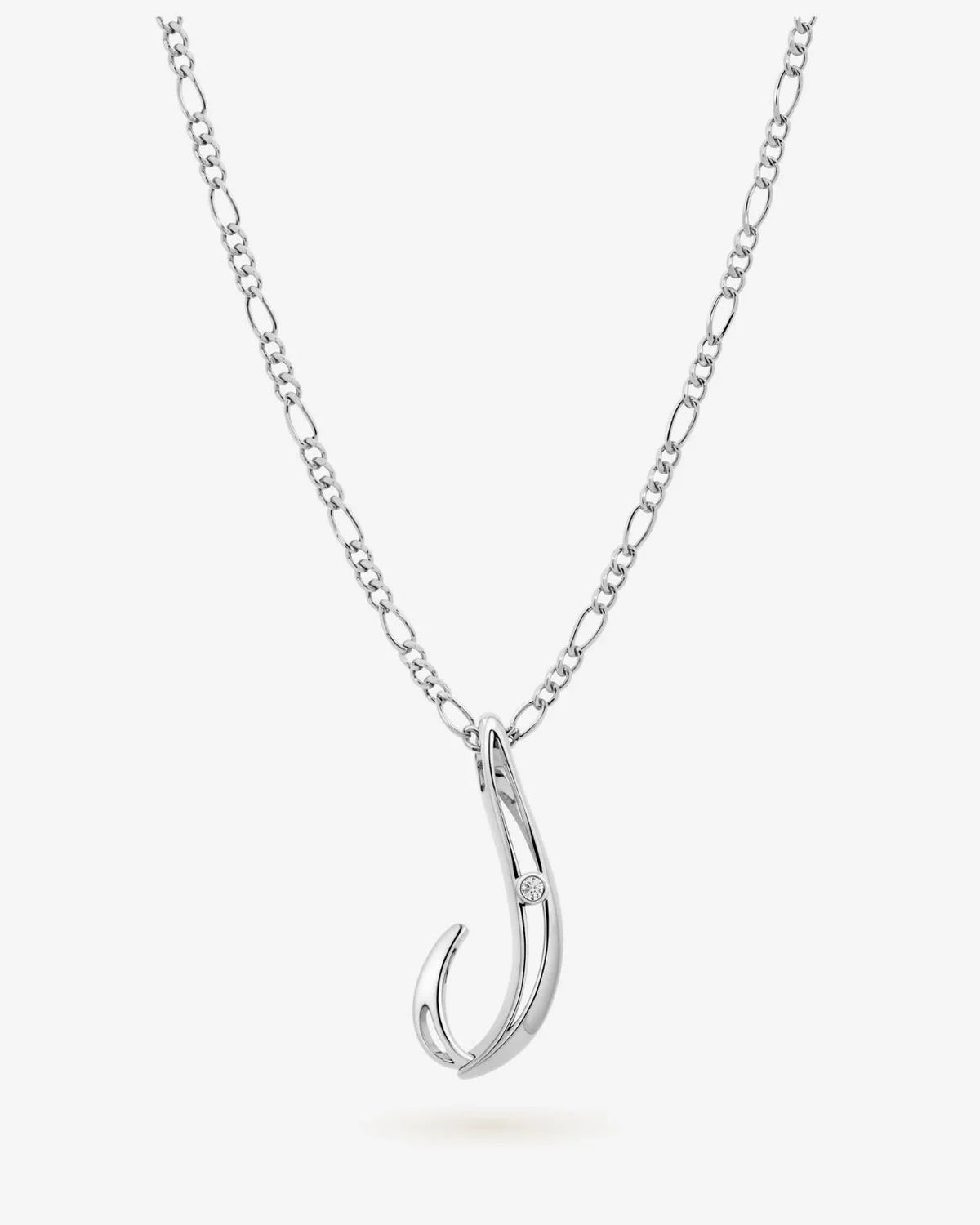 J जे Initial Necklace with a polished silver-tone chain and curved J-shaped pendant, accented by a small clear stone.