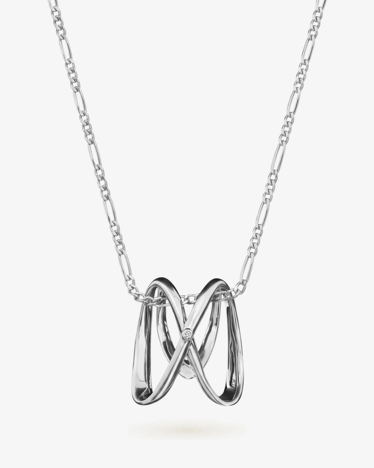 M एम Initial Necklace in polished silver-tone metal, featuring an interwoven M-shaped pendant with a small clear stone.