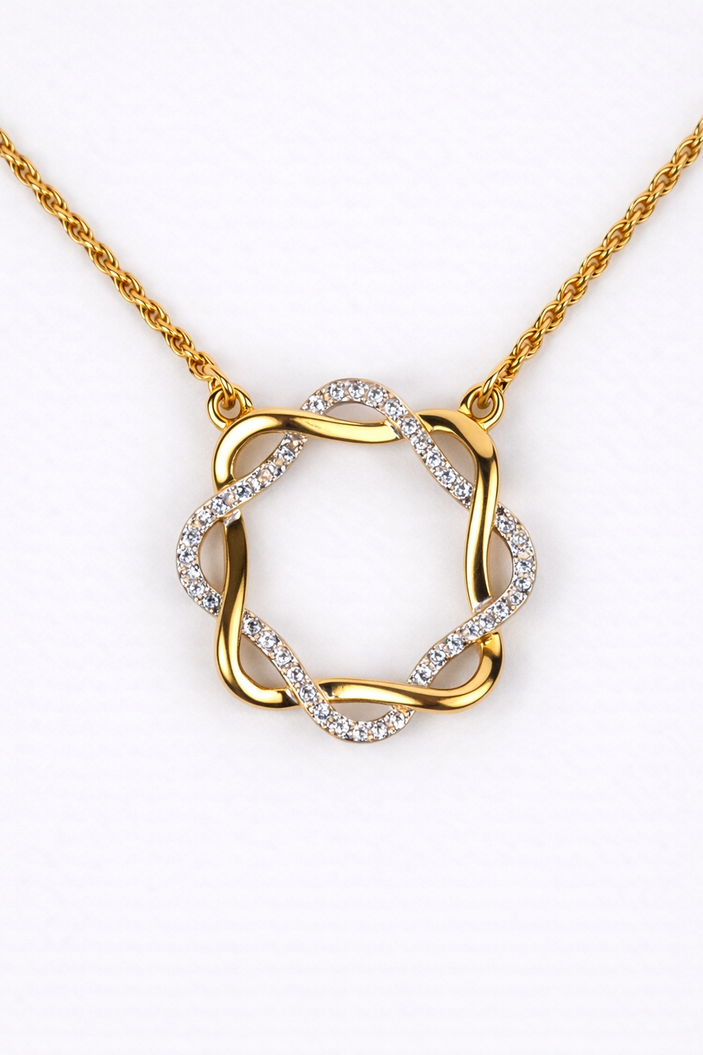 Mandala Necklace with white topaz stones in a modern circular design symbolizing balance and harmony