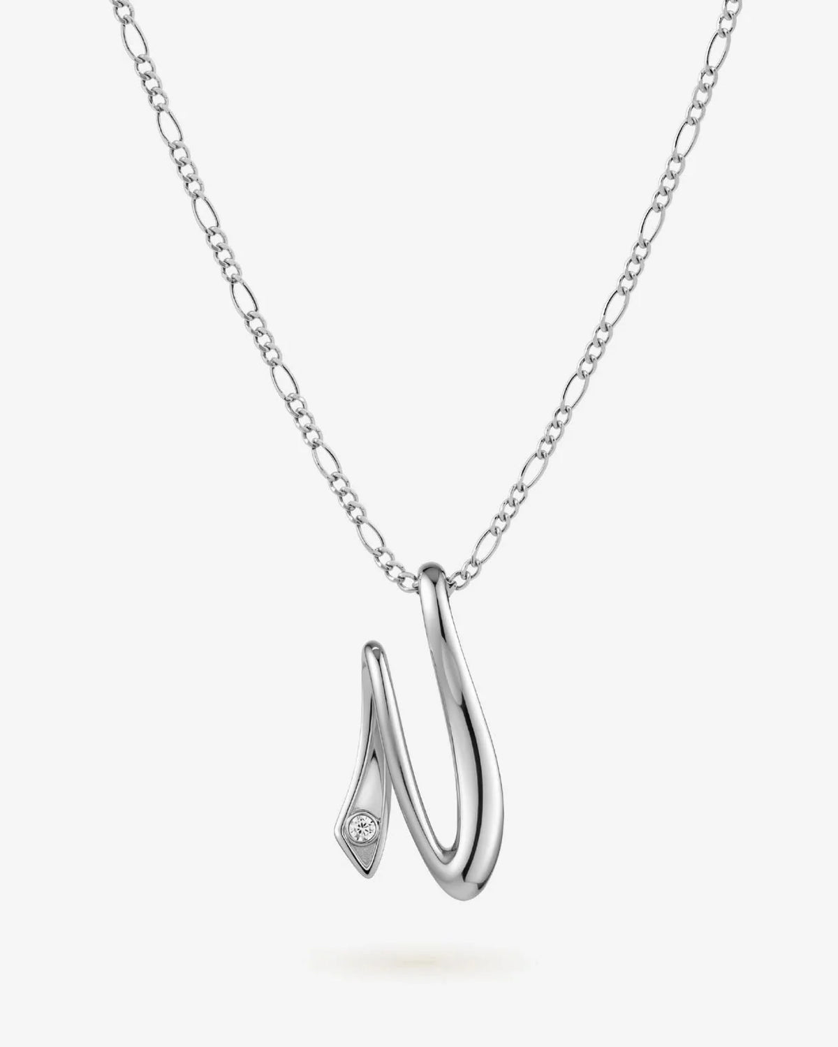 N एन Initial Necklace with a polished silver-tone N pendant and a small clear stone accent on a fine chain.