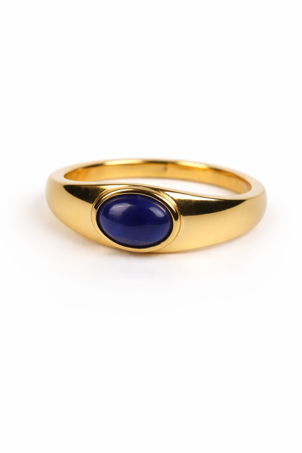 Neela Ring gold signet ring with deep blue lapis lazuli stone, modern and bold design