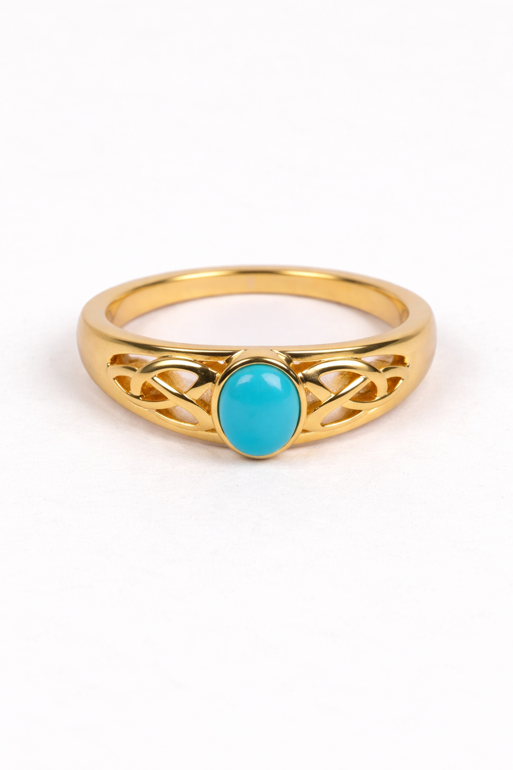 Neera Ring with smooth oval turquoise set in openwork gold band for timeless elegance