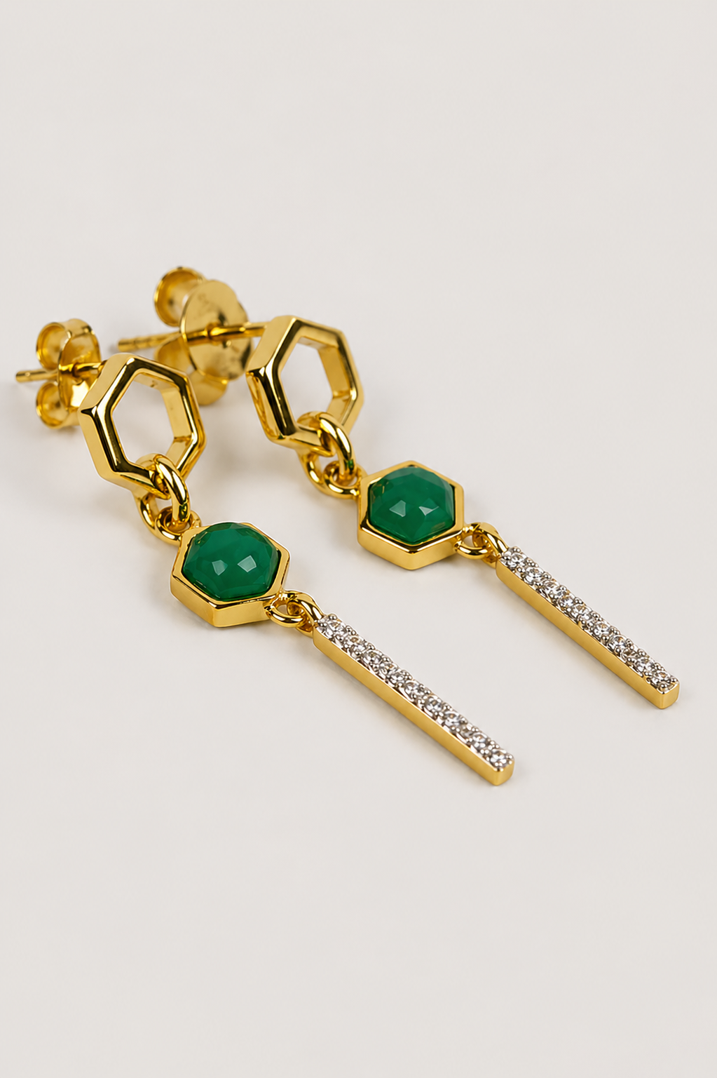 Niyati Earrings with polished green malachite stones and natural white zircon in a vertical drop design