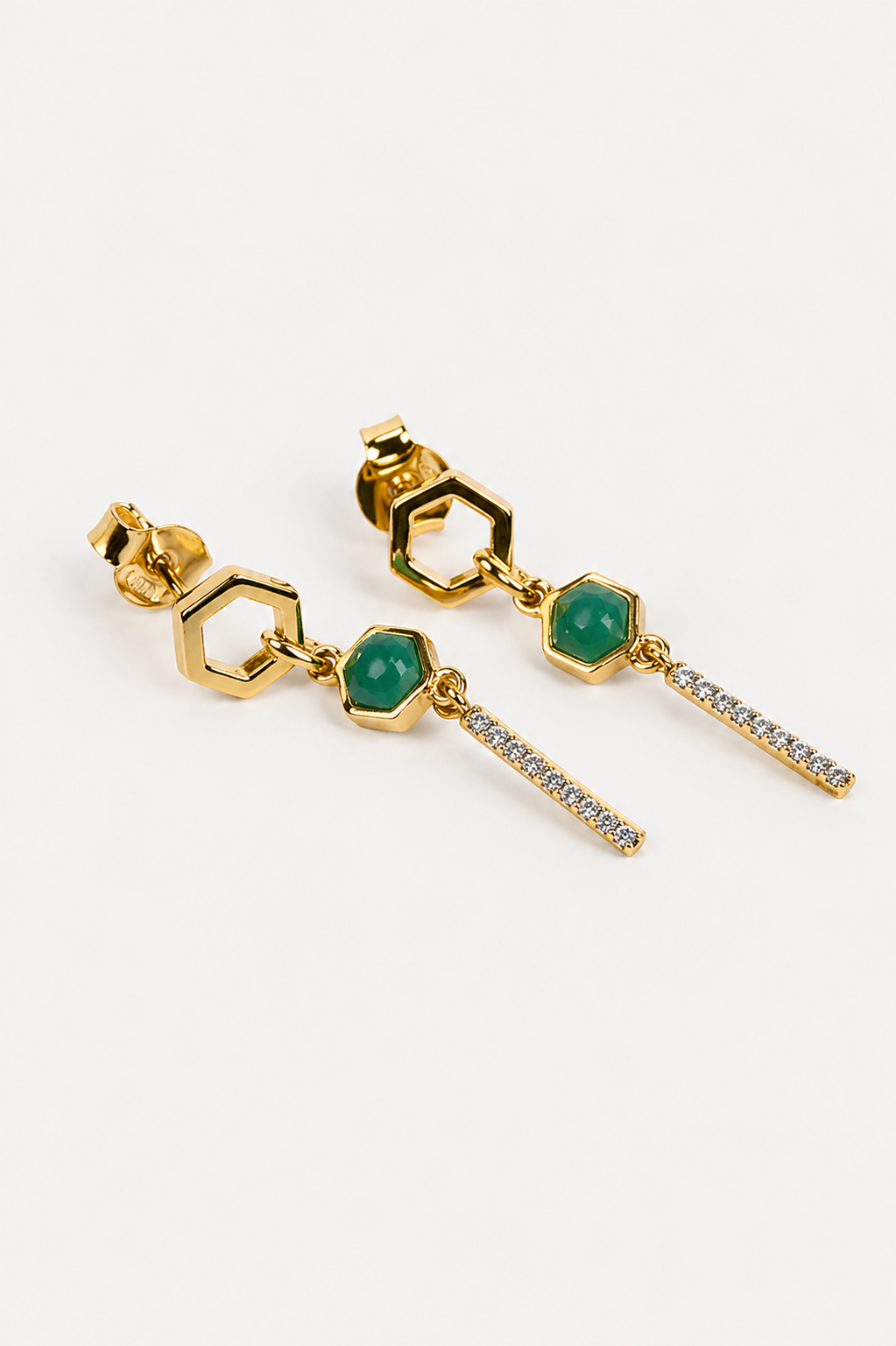 Niyati Earrings with green malachite stones and white zircon in vertical drop design
