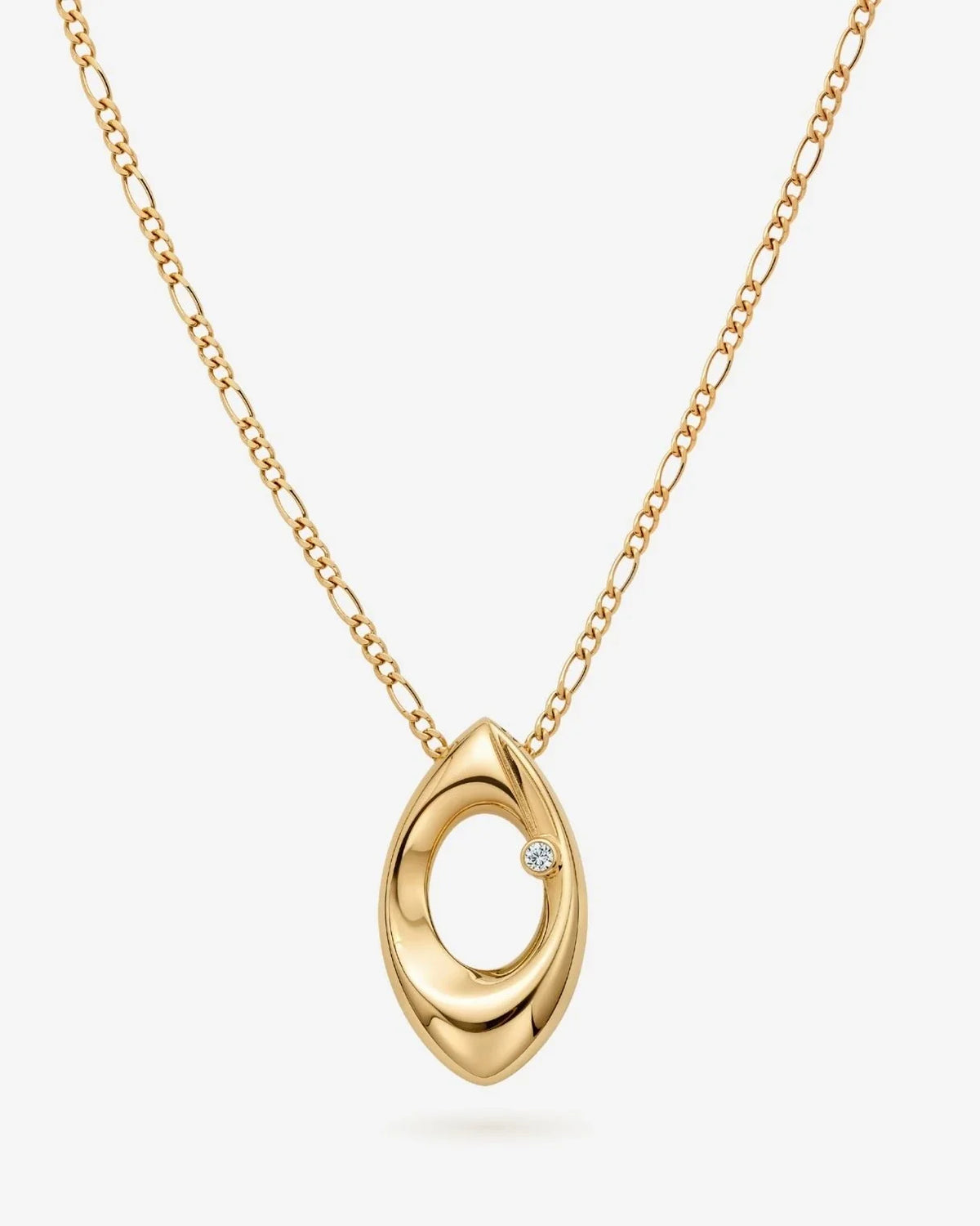 O ओ Initial Necklace in polished gold-tone metal, featuring a sculpted oval pendant with a small clear stone.