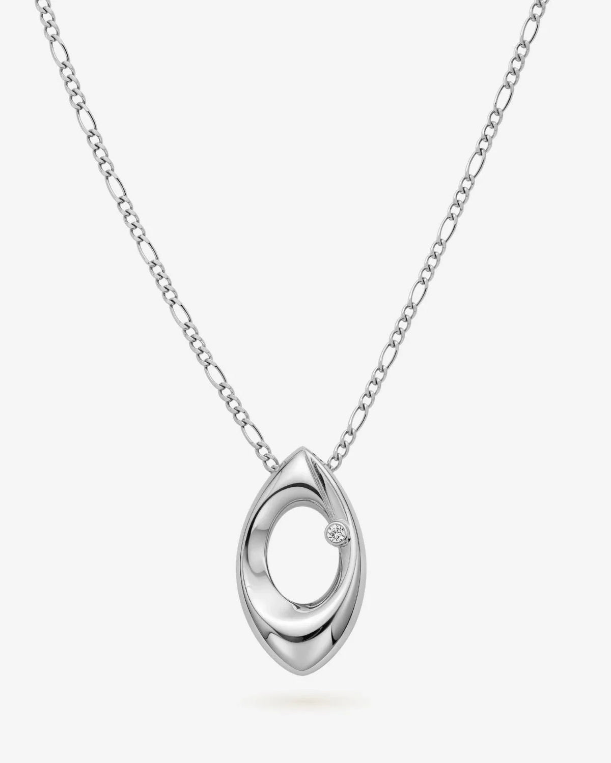 O ओ Initial Necklace in polished silver-tone metal, featuring an open oval pendant with a small clear stone.