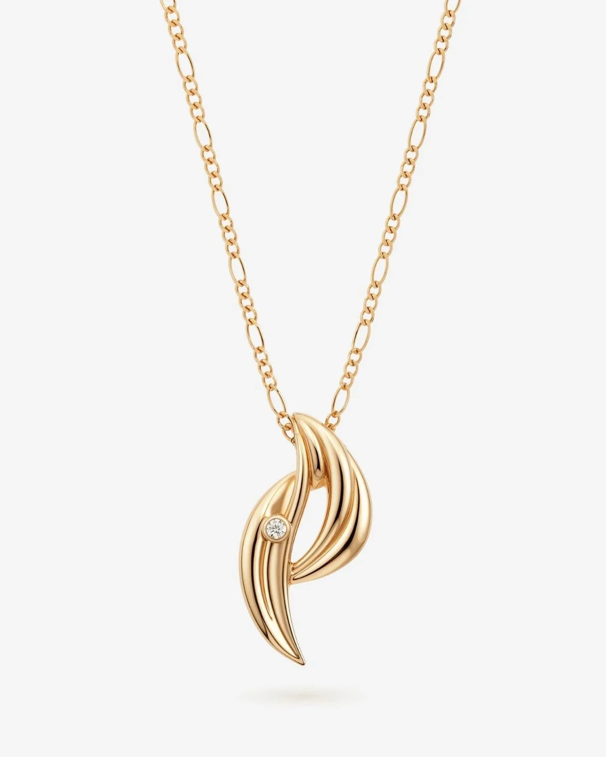 P पी Initial Necklace in polished gold-tone metal with a slender chain, sculpted curved letter pendant, and small clear stone.