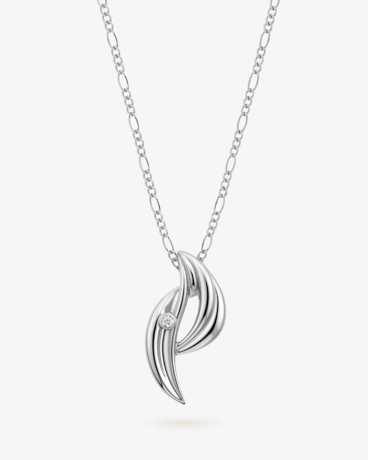 P पी Initial Necklace in polished silver-tone metal, with a sculpted curved letter pendant and a small clear stone.