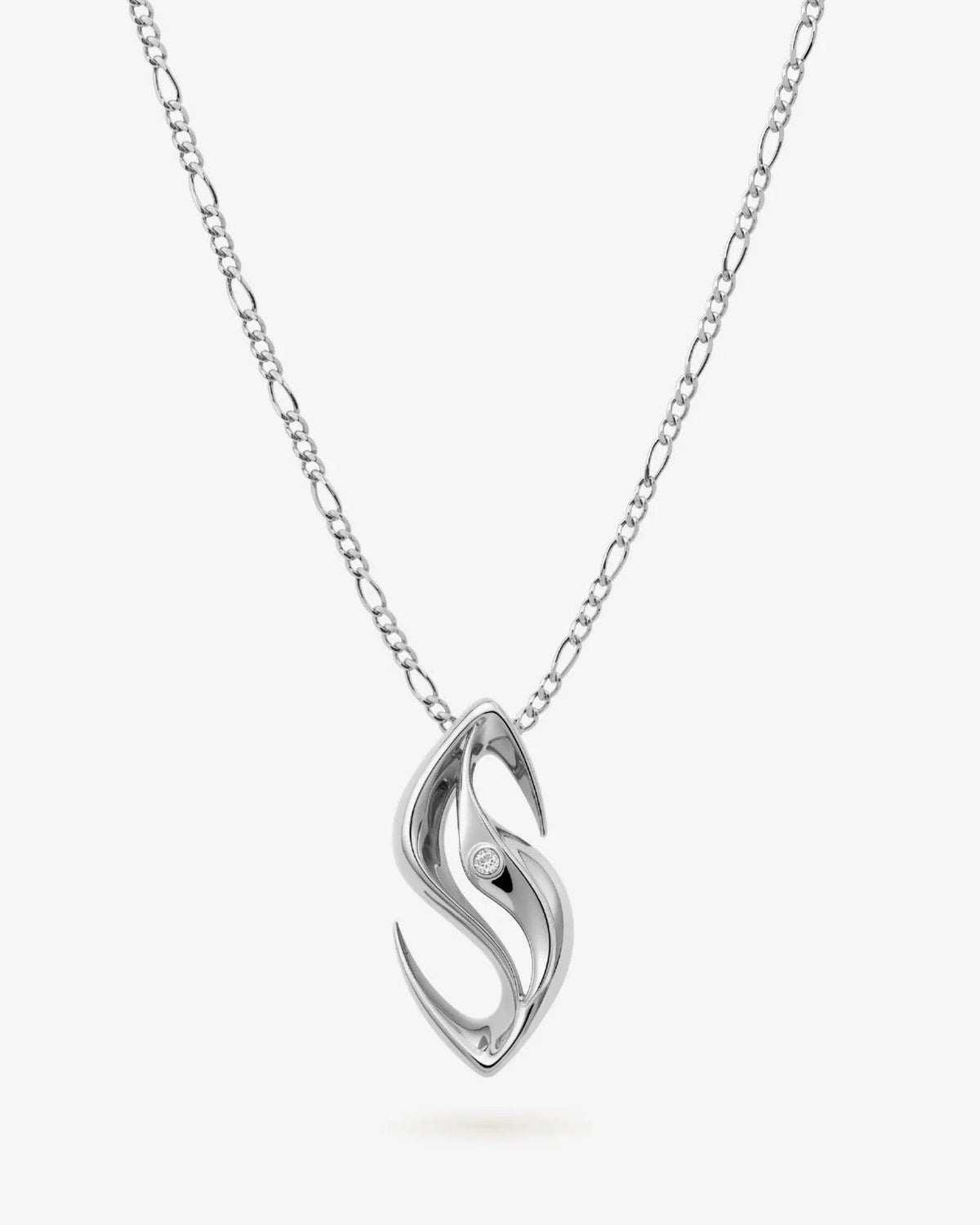 S एस Initial Necklace in polished silver-tone metal, featuring a flowing sculptural S pendant with a small clear stone.