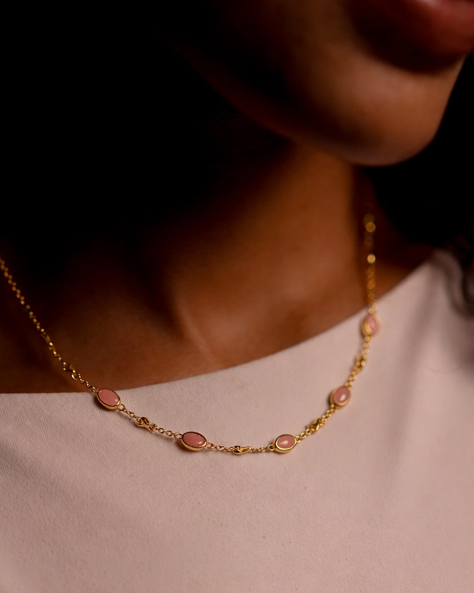 Saanvi Necklace with Pink Guava Quartz drop and fluid open loop design for everyday elegance