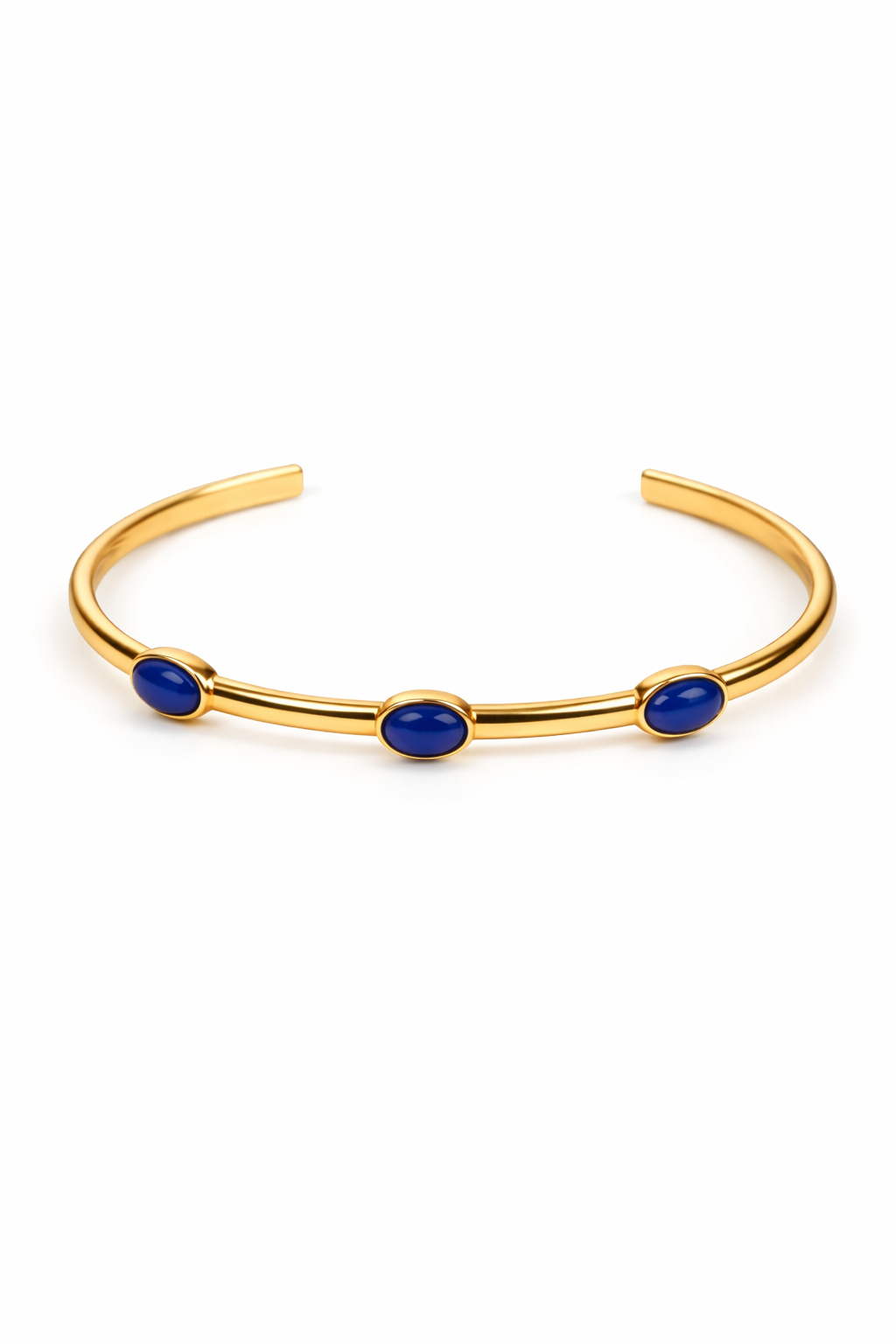 Trivena Cuff with three oval Lapis Lazuli stones set in minimalist gold framework