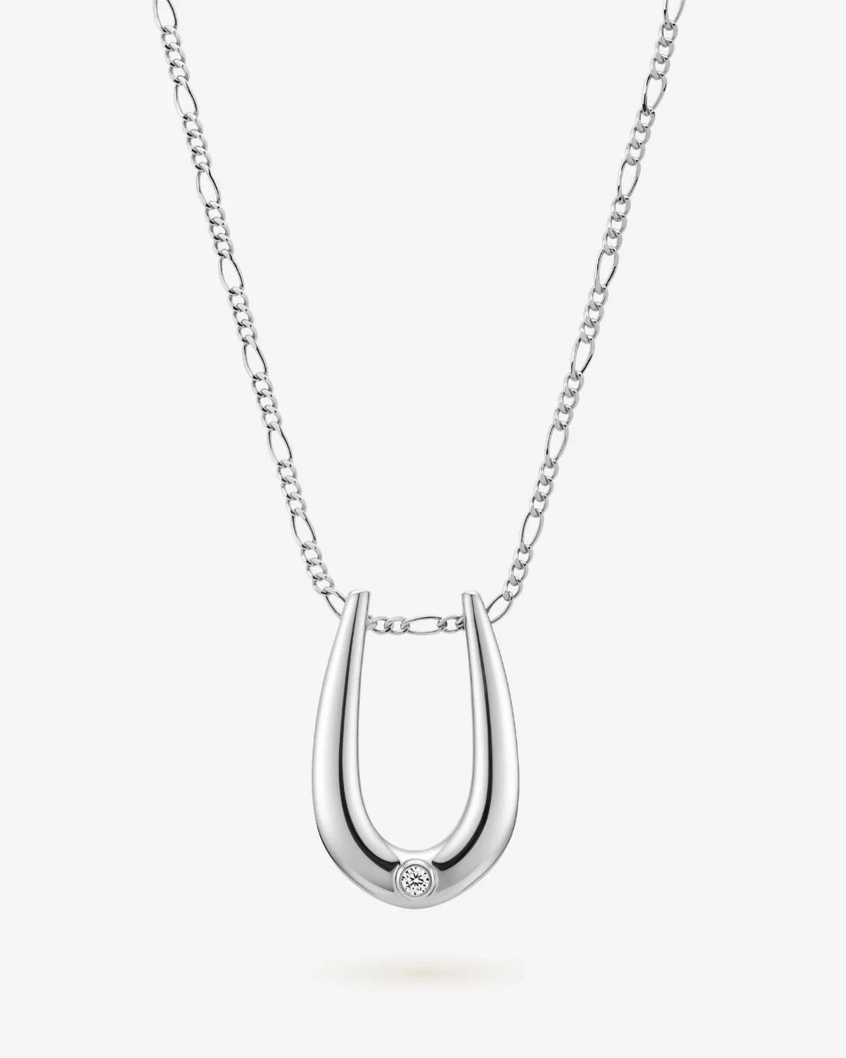 U यू Initial Necklace in polished silver-tone metal, featuring an open U-shaped pendant with a small clear stone.