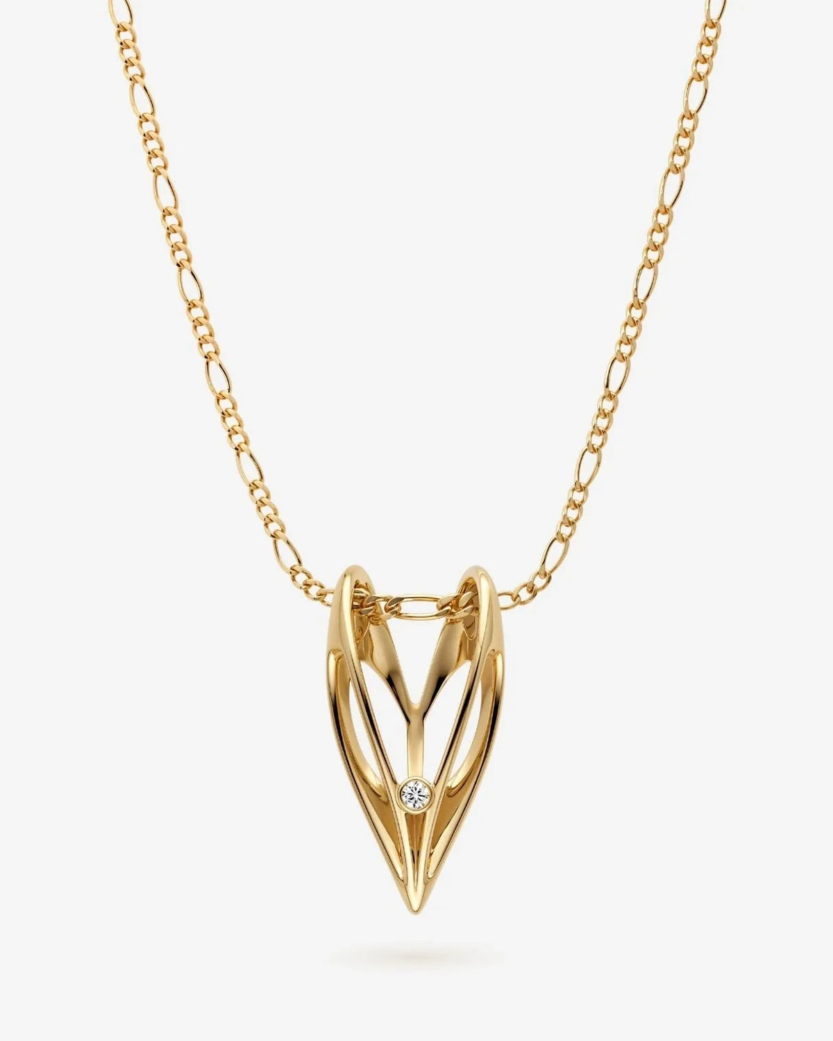 V वी Initial Necklace in gold-tone metal, with an open, pointed V-shaped pendant and a small clear stone.