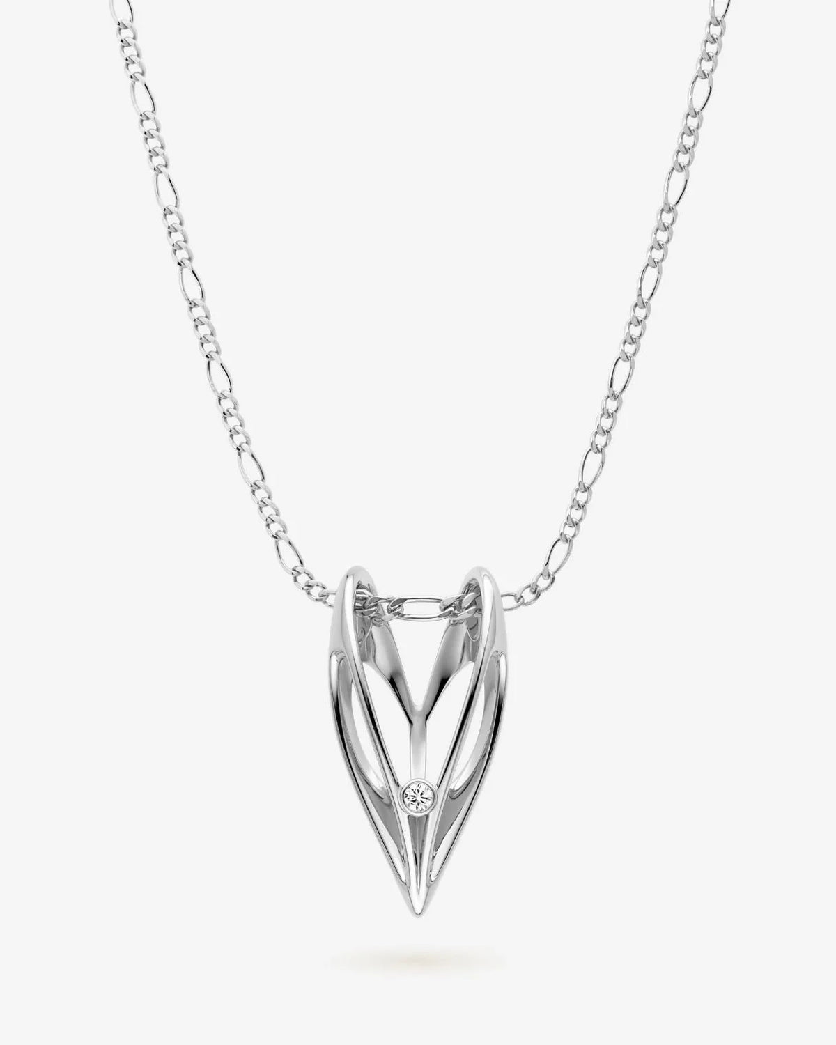 V वी Initial Necklace in polished silver-tone metal, featuring a sculpted V-shaped pendant with a small clear stone.